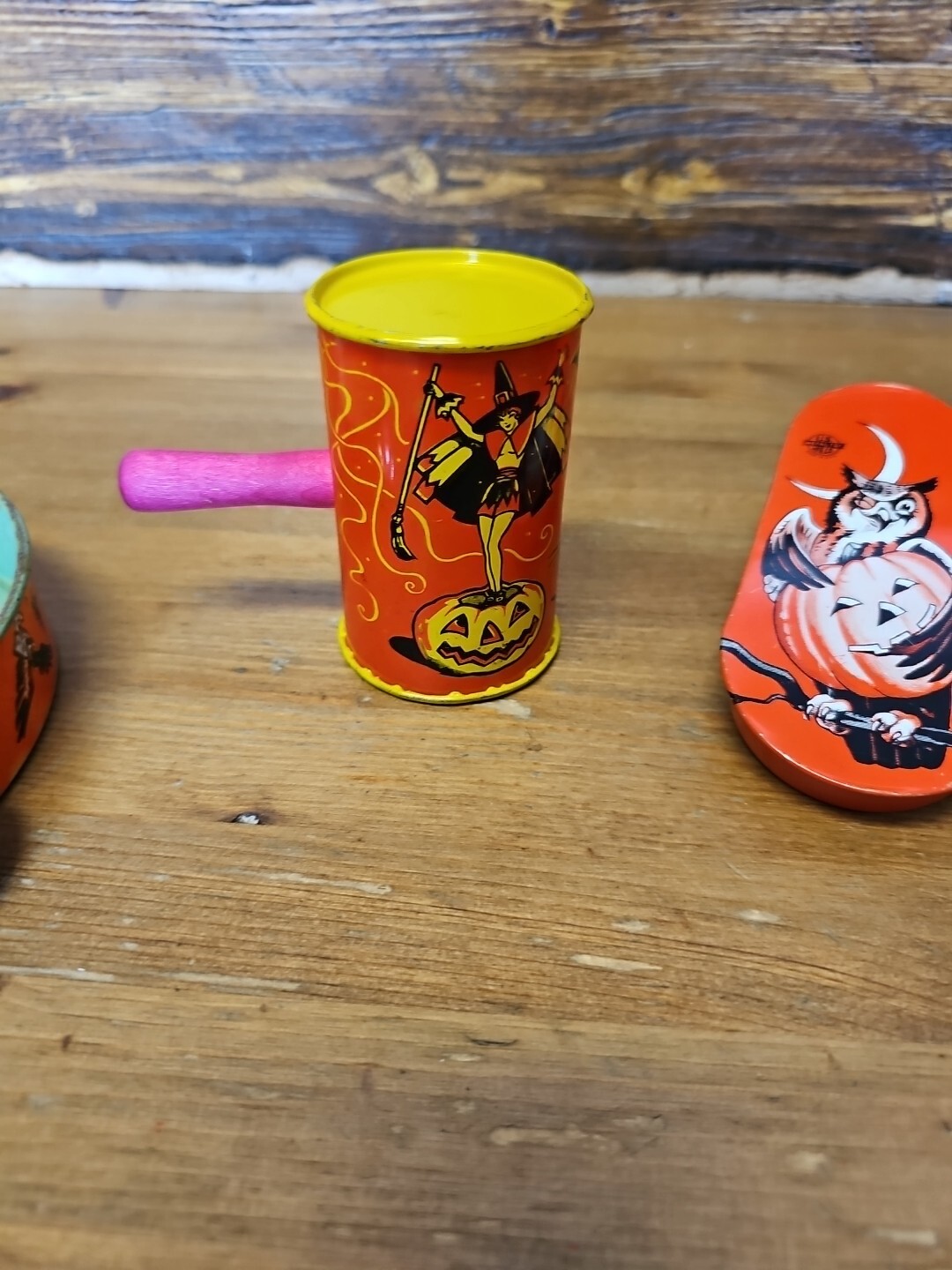 Antique Vintag Tin Litho Halloween Noisemakers JackOLantern Witch Owl