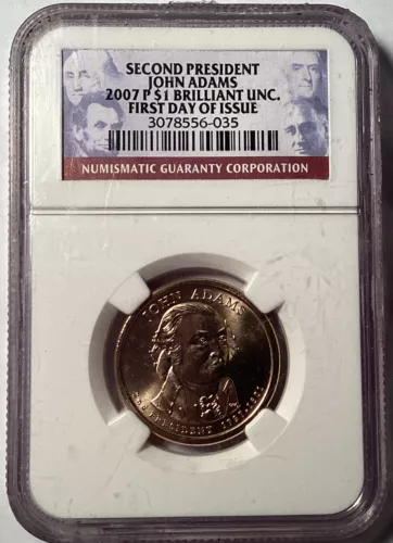 2007 P John Adams Dollar, Brilliant Uncirculated, NGC, First Day Of Issue