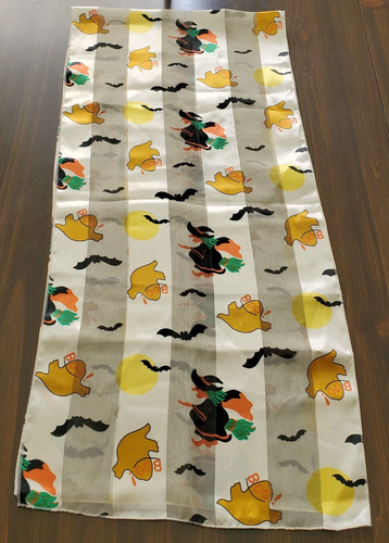 Sciarpa Halloween Vintage Crema Raso Strega Fantasma Pipistrelli Luna Multicolore 13,5x60" - Foto 2 di 4