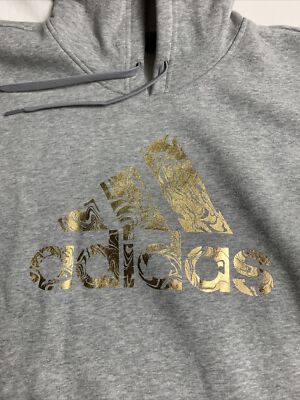 Adidas Pullover Hoodie Men Sz M Gray Sweatshirt Gold Liquid TreFoil HK9146