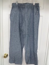 NWT Talbots Linen Cotton Straight Wide Pockets Drawstring Blue Pants 14P