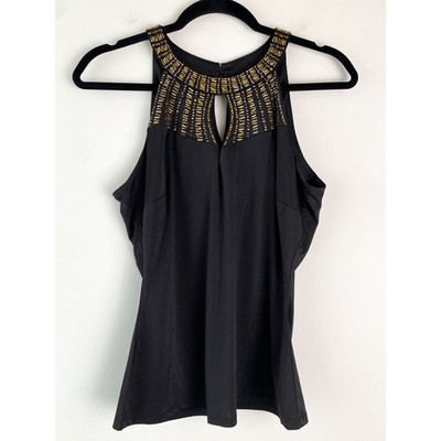 Cache Y2K Beaded Neck Slinky Blouse M Black Keyhole Sleeveless Whimsigoth Club