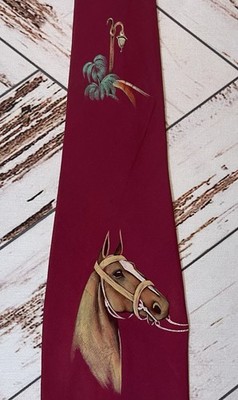 1940 s Hand Painted Palomino Horse Silk Necktie Tie by California Exotics LA EUC
