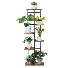 6 Tier 7 Potted Metal Wood Plant Shelf, Multiple Flower Pots Corner Plant Stands