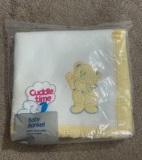 Vintage Cuddle Time Baby Blanket Bear Acrylic White Butter Yellow Stripe Binding