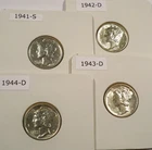LOT OF 4 BU MERCURY DIMES 1941-S 1942-D 1943-D 1944-D 0.289 oz SILVER 10c