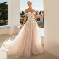 Brush Pink Wedding Dresses Off Shoulder Lace Applique Court Train Bridal Gown