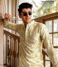 Beige Floral Printed Pure Linen Embroidered Kurta For Men