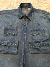 Vtg Stetson Men Denim Sportsman Turquoise Pearl Snap Western Cowboy Jean Shirt L