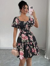 Women Floral Mini Dress Shirred Bodice Square Neck Ruffle Hem Summer Sundress
