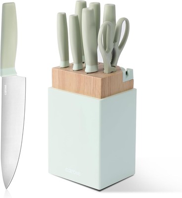 CAROTE Kitchen Knife Set with Block and Sharpener, Dishwasher Safe Green 