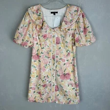Fore mini dress size L puff sleeve wide collar pink floral Cottagecore button up