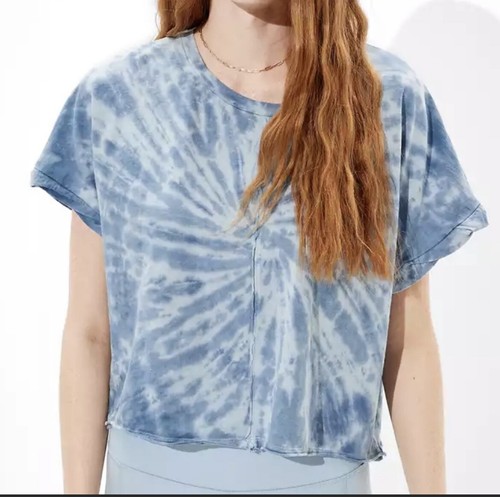 American Eagle Women's Size M Blue Tie Dye Crop T-Shirt Tee Short Dolman Sleeves - Picture 2 of 9