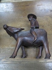 Vintage Chinese Hand Carved Wood Sculpture of a Boy/Man Water Buffalo/Oxen NICE