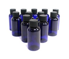 12 Two Oz. Cobalt Blue Plastic Boston Round Bottles W/ Caps For Fragrance Oils