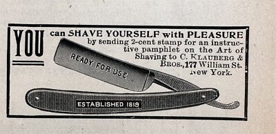 1896 C. Klauberg & Co. Shaving Blade Antique Print Ad, Illustrated Barbers Blade