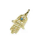 14K Yellow Gold Hamsa Protection Jewish Pendant Filigree Blue Turquoise Charm