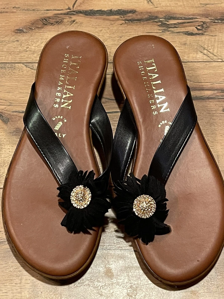 Italian Shoemakers Black Leather Flip Flop Sandal Suede Flower