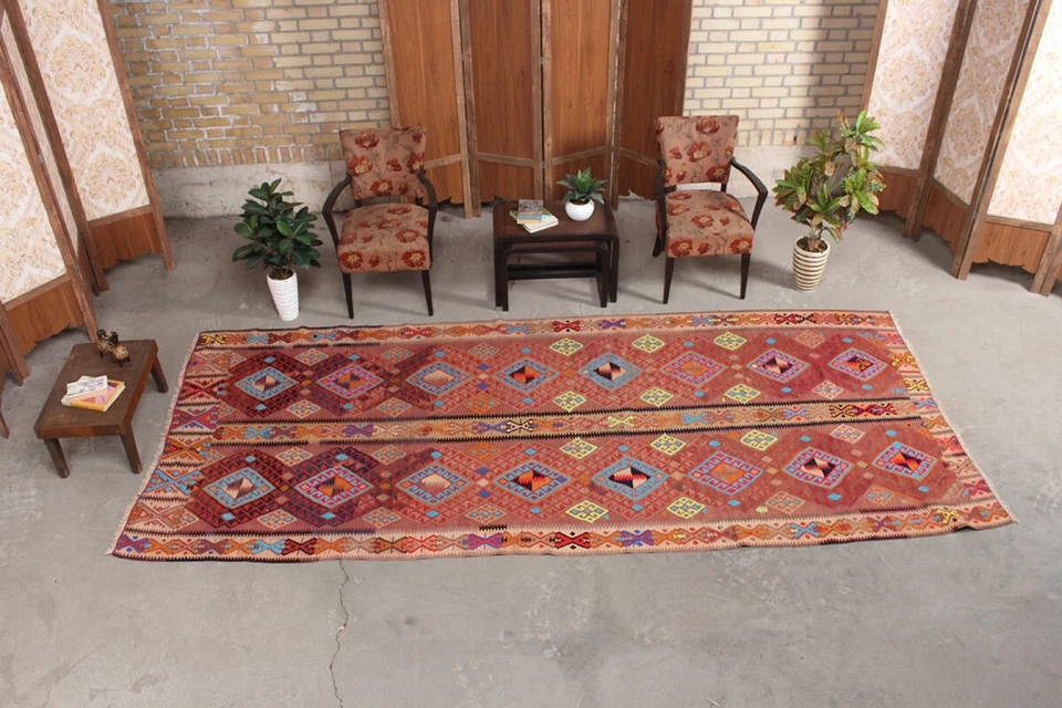 Alfombra alfombra vintage de lana hecha a mano geométrica Kilim tejido plano corredor 5x12 Foto 4 de 4