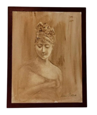 Sepia Portrait of Woman Signed Susanne Corbelletta   Framed Board 14x18