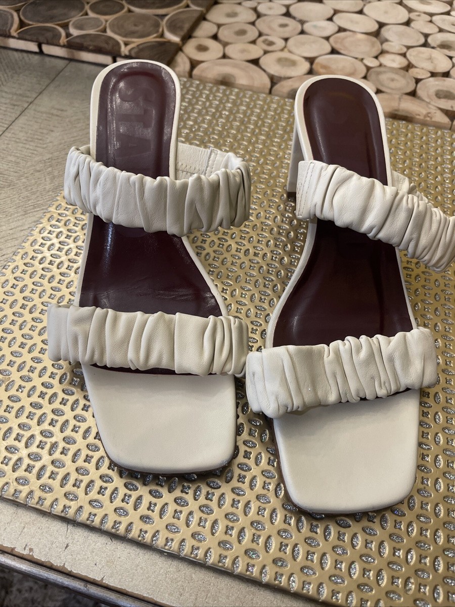 STAUD Frankie Ruched Slide Sandals Two Strap Leather Off-White