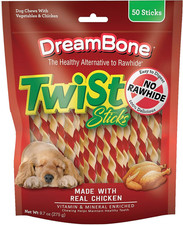 Dog Rawhide-Free Chews Twist Sticks Real Vegetables Chicken 50 Pack