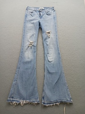 Hollister Women 3R Jeans Blue Cotton Flared Distressed Patches Raw Hem Y2K Boho