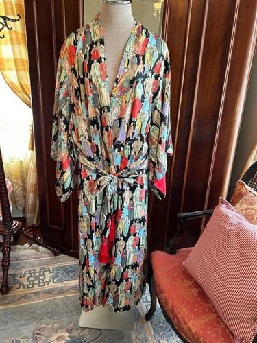 Natori Dynasty Kimono Robe-Designer Long Kimono Vintage Tassel Tie Red Lined L - Picture 13 of 20