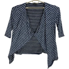 Style co Cardigan Jacket Women Size L Blue White Striped Minimalist Open Front
