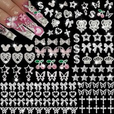 106 Pcs 3D Nail Charms Gems Silver Butterfly Bow Star Heart DIY Nail Art
