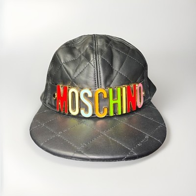 Moschino Quilted Leather Baseball Cap Hat Black Rainbow Metal Logo Lettering M