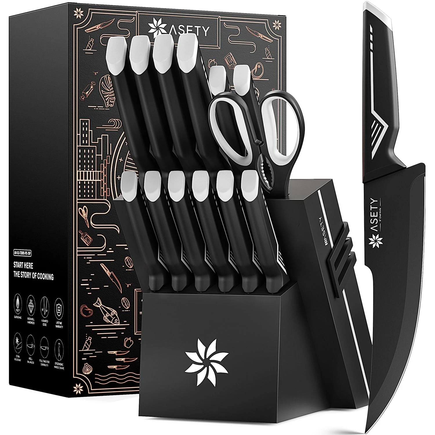 Set - 15 PCS Kitchen Set with Built-in Sharpener Block - Stainless Steel Bloc...
