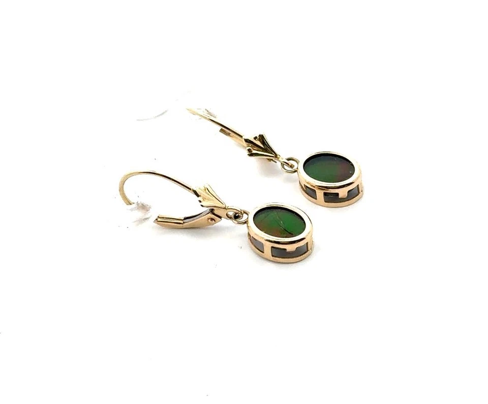 14K Yellow Gold Oval Ammolite Dangle Lever Back Pierced Earrings - Image 3 of 4