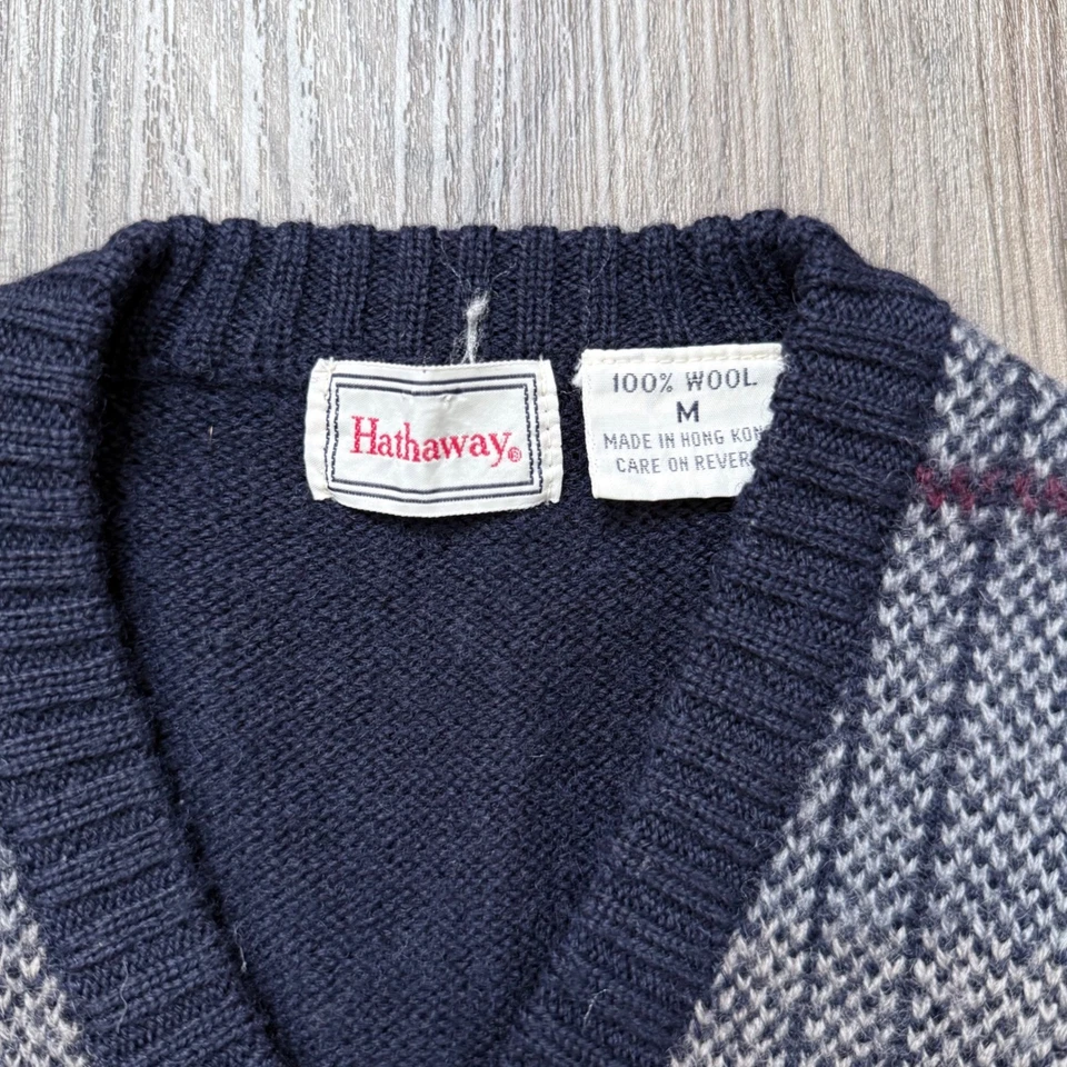 VTG Hathaway Men's Medium V-Neck Plaid Wool Sweater Vest Navy Blue - Image 3 of 4