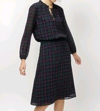 J Crew Midi Dress Tartan Plaid Green Pink Long Sleeve Smocked Waist Tie Neck Lg