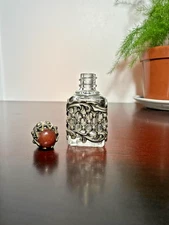 SGD Art Nouveau Glass Perfume Bottle Ornate Filigree w/ Red Jewel Top 💎
