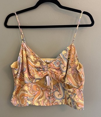 American Eagle L NWT Psychedelic Floral Crop Top Tie Front Smocked Boho Y2K