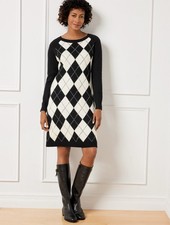 Vestido Suéter Talbots Argyle Cuadros Manga Larga Negro Blanco Academia Preppy LG