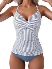 Ruched Tankini Swimsuit V Neck Wrap Tie Back Two Piece Tummy Control Size Small