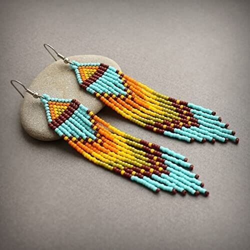 Native Sky Yellow Handmade Boho Glass Seed Beads Beaded Extra Long Earrings Set - Picture 1 of 4