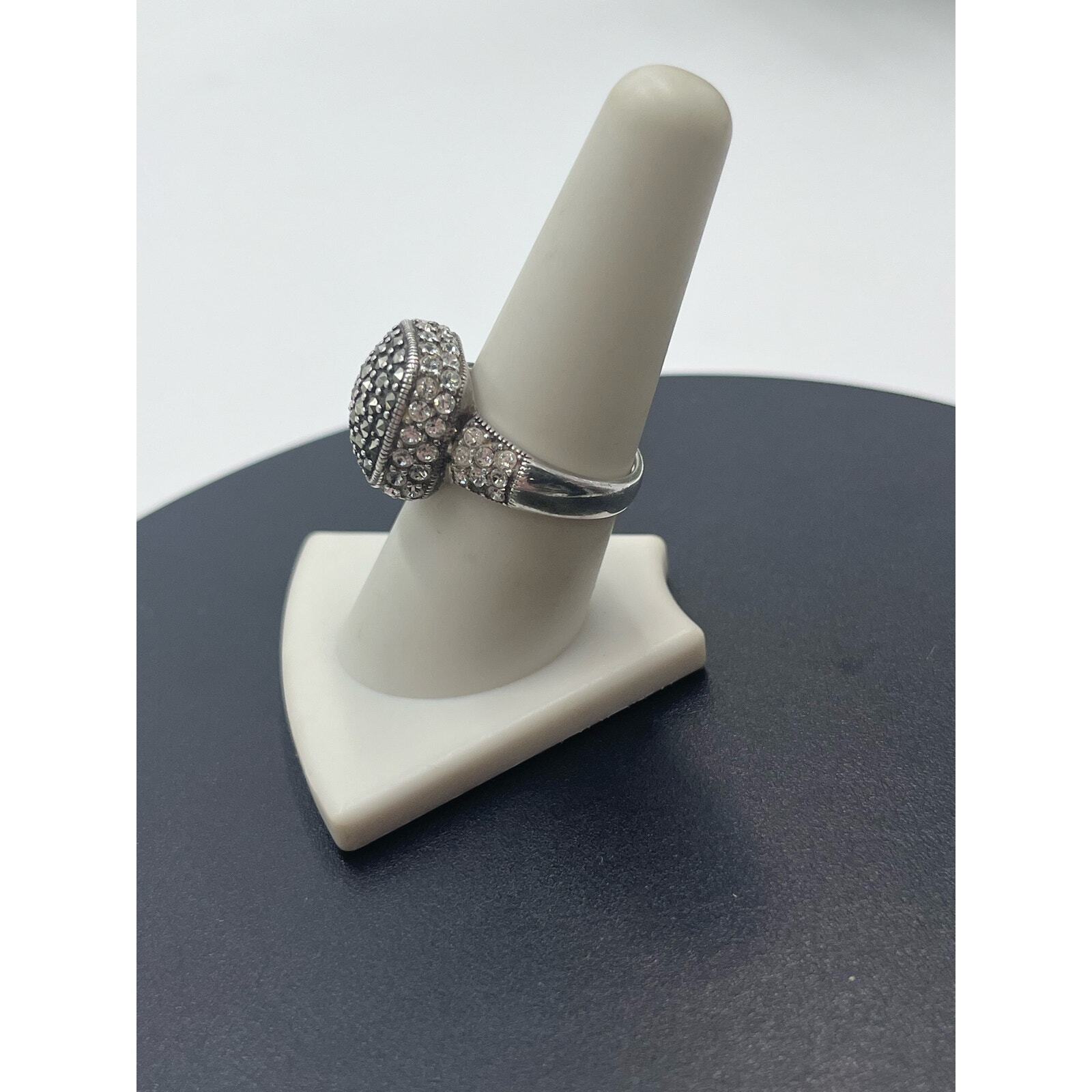 Sterling Silver Signed Ring MarcasiteCrystal Cock… - image 3