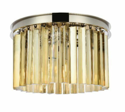 Chandelier Flush Mount 3 Light Fixture Polished Nickel Golden Teak Crystal