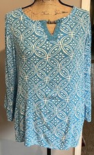 Susan Garver Made In USA Size L Blue White 3/4 Sleeve Blouse Shirt