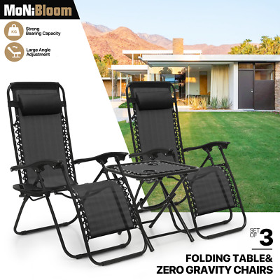 3Pcs[ZERO GRAVITY CHAIR+FOLDABLE TABLE SET]Beach Reclining Lounge w/Drink Holder