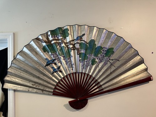 Large Chinese Chinoiserie Silver Leaf Hand Painted Wall Fan 60”X 35” - Picture 2 of 7