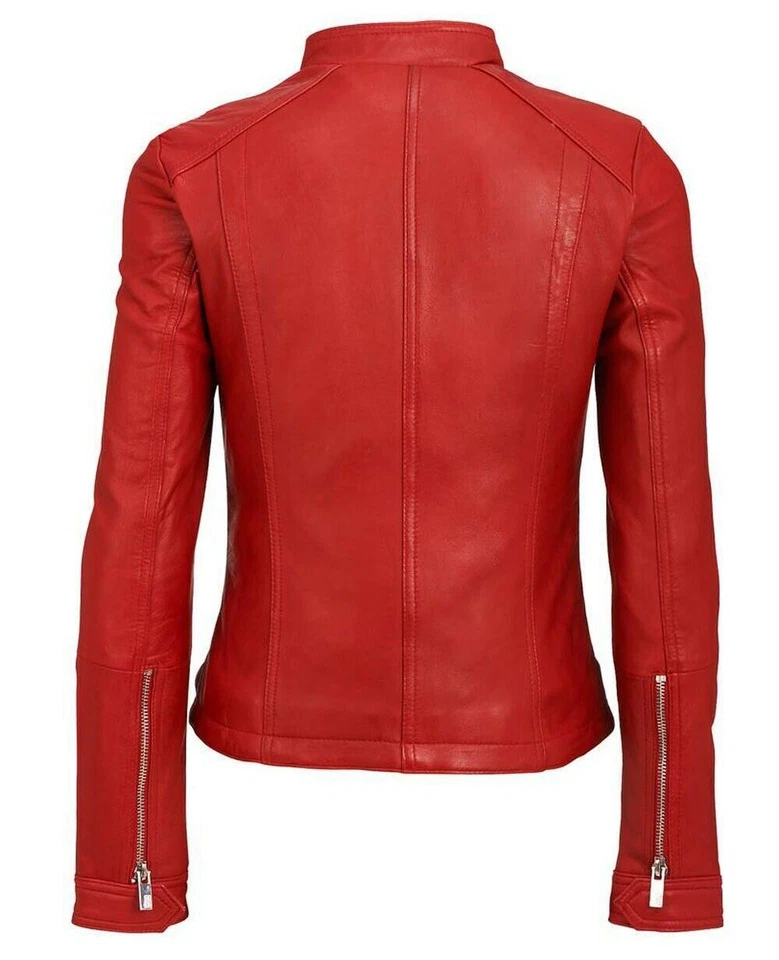 Chaqueta de motociclista roja ajustada de cuero suave de piel de cordero genu... - Imagen 2 de 4