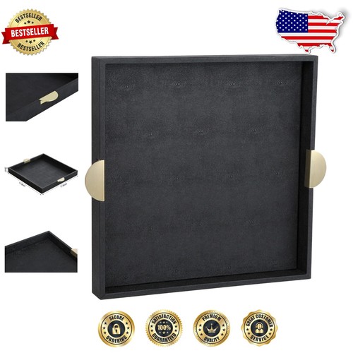 Stylish Black Faux Leather Decorative Serving Tray with Gold Handle Accents