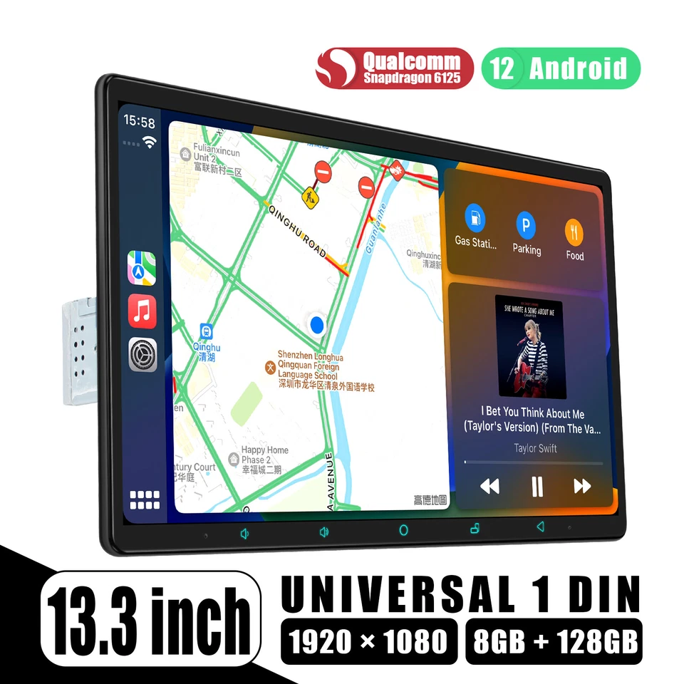 13,3 Zoll Qualcomm 8-Kern Android 12 Einzeln DIN Autoradio GPS 8+128GB 4G LTE FM - Bild 2 von 4