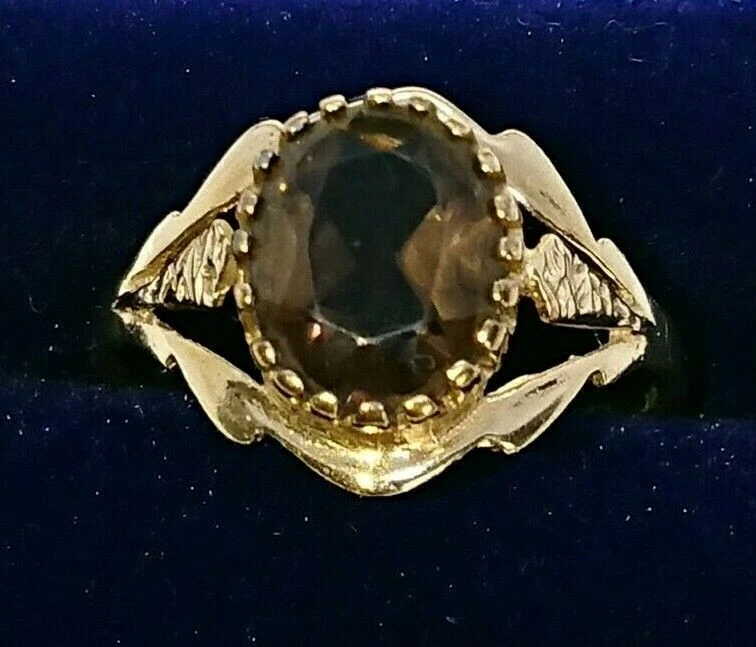 Anillo de cóctel vintage retro solitario cuarzo ahumado oro 9ct talla N Foto 3 de 4