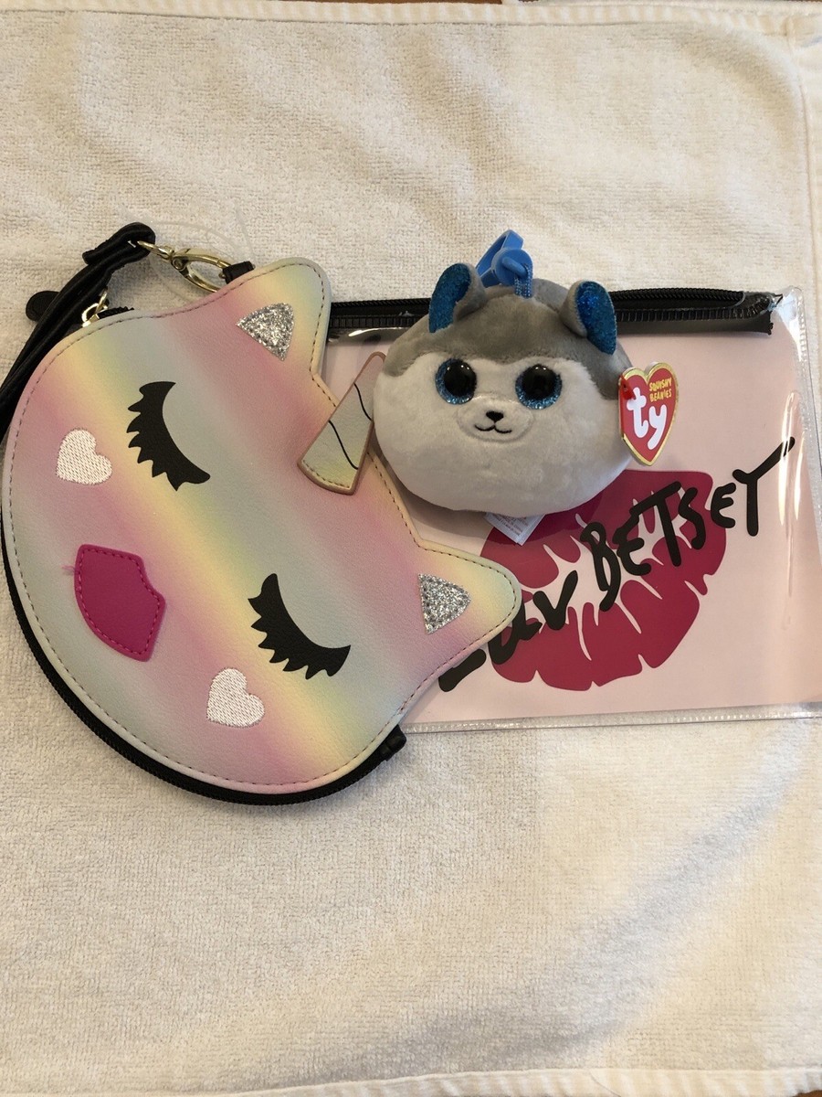Betsey Johnson Luv Betsey Cat Wristlet With Makeup Bag And Bonus Squishy  Beanie